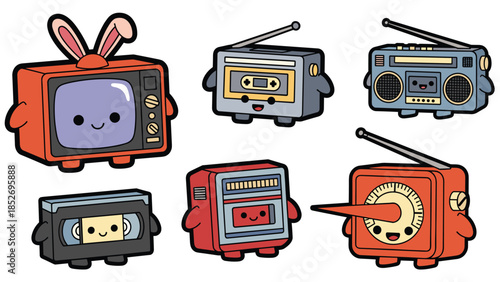 A fun collection of kawaii retro media player characters, featuring a television with bunny ears, a radio, a boombox, a VHS tape, and a jukebox.