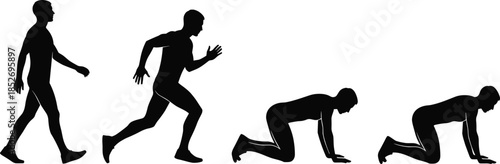 Human movement sequence silhouettes showing walking running and crawling poses vector illustration isolated on white background for anatomy motion study