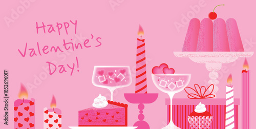 Happy Valentines Day banner with pink jelly cake, dessert slice, cupcakes, cocktails and candles on soft background. Sweet romantic illustration for greeting cards, posters and banners