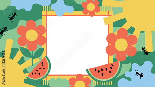 A cheerful summer picnic background with a blank square frame for text or photos, decorated with ants and watermelon. This playful design is perfect for party invitations or seasonal content.