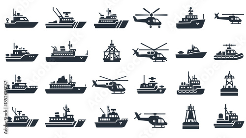 A set of black icons depicting coast guard and patrol boats, ships, and helicopters used for maritime safety and surveillance.