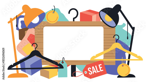 A rustic wooden frame with copy space surrounded by various shopping and retail items like hangers and sale tags. This promotional design is perfect for store clearances or flea markets.