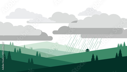 A minimalist pixel art landscape of rolling green hills under a cloudy, overcast sky with rain falling on a small house.