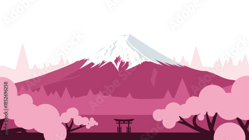 A beautiful pixel art scene of Mount Fuji in Japan, framed by pink cherry blossoms with a traditional torii gate.