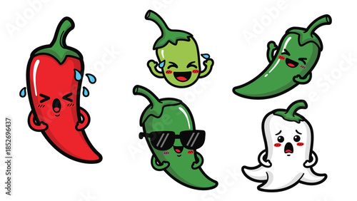 Set of funny and expressive kawaii chili pepper characters, showing various emotions like sweating from heat, laughing, feeling cool, and being a ghost.