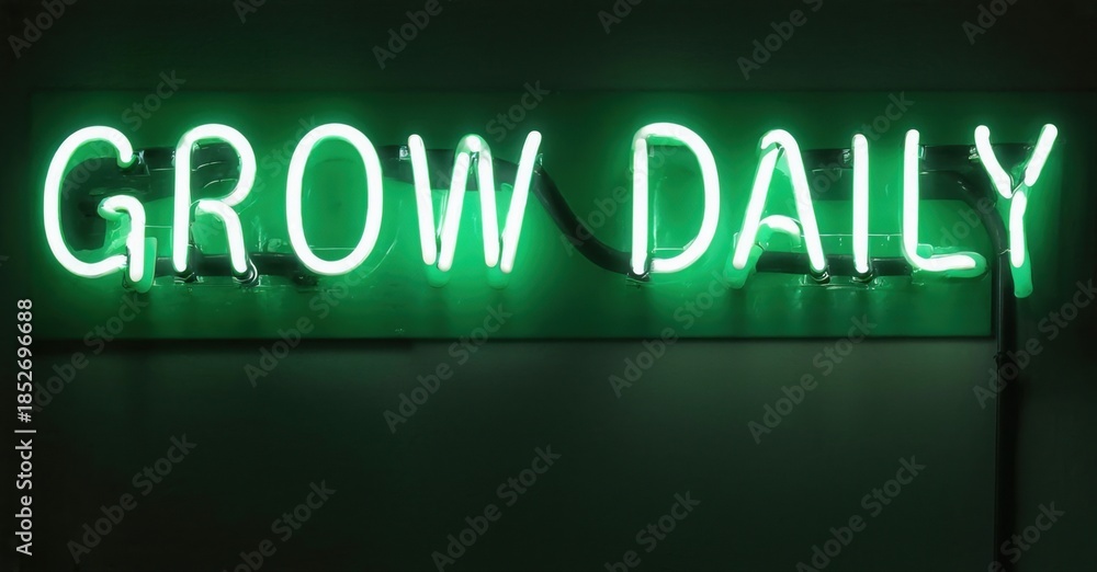 Fototapeta premium Bright green neon sign displays GROW DAILY. Wall background is dark green. Simple, motivational message, modern aesthetic.