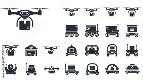 A set of icons representing autonomous delivery systems, including delivery drones and self-driving robots for modern logistics.