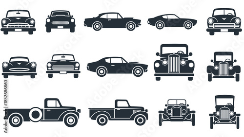 A collection of black silhouette icons featuring various retro and classic cars, including sedans, muscle cars, and vintage trucks.