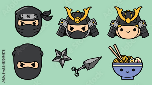 Collection of cute kawaii Japanese warrior icons, including ninja and samurai characters, a shuriken, a kunai, and a delicious bowl of ramen.