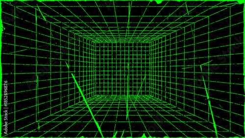 3D wireframe perspective grid room template design vector illustration background. Empty three dimensional virtual room perspective wireframe grid geometric sketch. Cyber virtual line interior frame