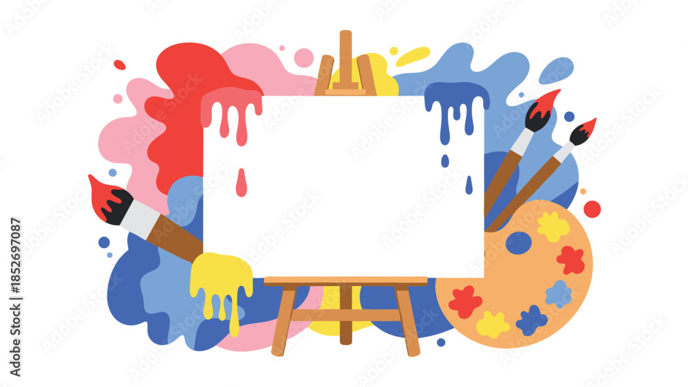 Fototapeta premium A creative art class or workshop background with a blank canvas on an easel, surrounded by colorful paint splashes. This vibrant design is perfect for promoting artistic events or supplies.