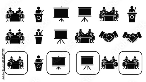 A set of black and white glyph icons for business concepts like corporate meetings, formal presentations, and successful partnership agreements.
