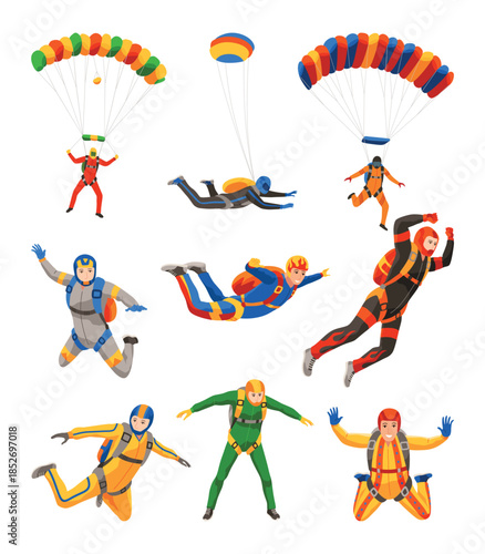 Cartoon skydivers characters. Guys and girls jumping from an airplane, free fall, flying in sky, people falling in different poses, extreme sport, tidy vector set