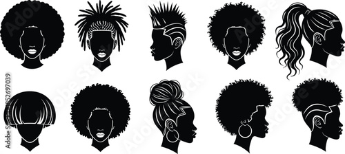 Set of afro hairstyle silhouettes for women and men vector illustration collection isolated on white background for beauty design
