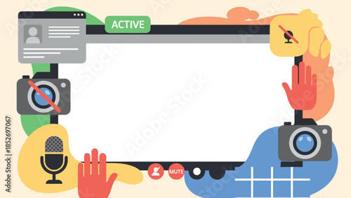 A modern frame representing a video conference call screen with copy space, surrounded by icons like mute and camera. This design is perfect for illustrating remote work or online meetings.