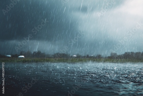 Dramatic close-up of heavy rain falling on a wet road, dark clouds overhead and a field