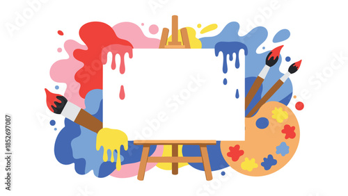 A creative art class or workshop background with a blank canvas on an easel, surrounded by colorful paint splashes. This vibrant design is perfect for promoting artistic events or supplies.