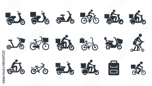 A set of icons showing various food delivery methods, including couriers on scooters, bicycles, and electric bikes with delivery boxes.