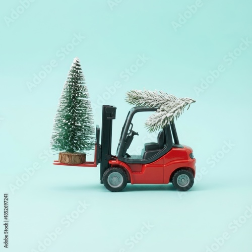 Miniature Red Forklift Carrying Christmas Trees Holiday Scene