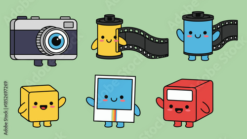 Cute kawaii photography-themed character set with a vintage camera, rolls of film, and an instant photo, all with happy, smiling faces.