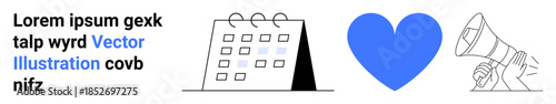 Event planning, communication, love, announcements, scheduling, marketing. Minimalist calendar, blue heart and megaphone icons. Event planning and communication prominently displayed