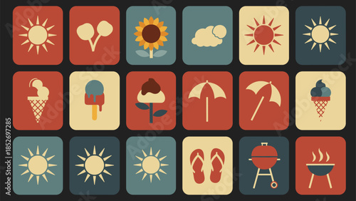 A delightful set of retro-colored summer-themed icons, featuring suns, ice cream, sunflowers, barbecue grills, and flip flops.