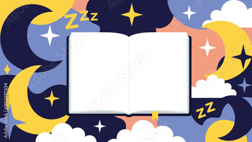 A dreamy bedtime story background with a blank open book for copy space, surrounded by moons, stars, and clouds. This magical design is perfect for children's literature or sleep-related themes.