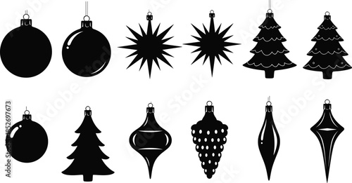 Set of black Christmas ornament silhouettes including baubles stars and trees isolated on white background for holiday design