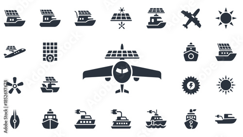 A collection of black glyph icons depicting solar-powered transportation, including boats, ships, and airplanes with solar panels.