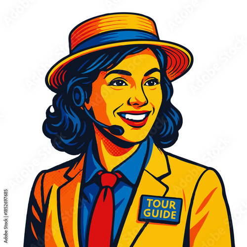 cheerful woman tour guide wearing a hat, microphone headset, and Tour Guide badge. Generative ai vector colorful pop art illustration.