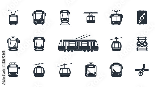 A set of black solid icons representing various types of trams, cable cars, and funiculars for urban public transportation systems.