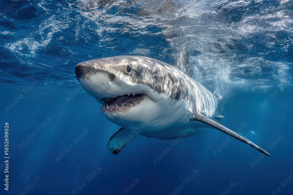 Fototapeta premium Swimming and exploring a great white shark in the ocean during daylight hours
