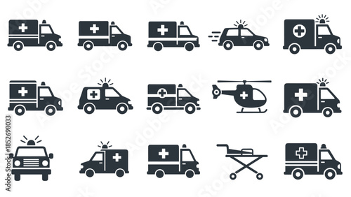 A set of various ambulance icons, including vans, emergency cars, medical helicopters, and stretchers for emergency medical services.