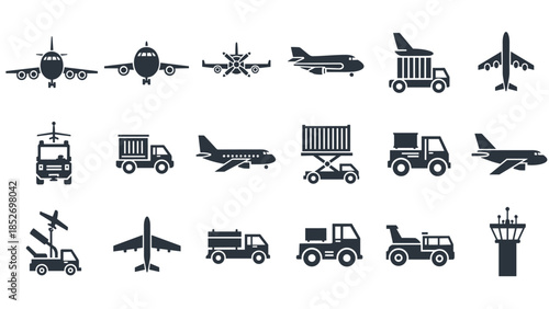 A set of black icons related to air freight and cargo logistics, including cargo planes, transport trucks, and airport equipment.