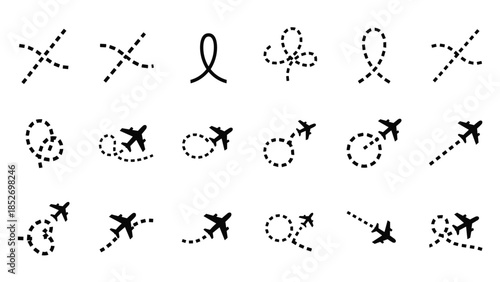 A collection of black icons showing airplane flight paths, travel routes, and abstract dotted lines with loops and crosses.