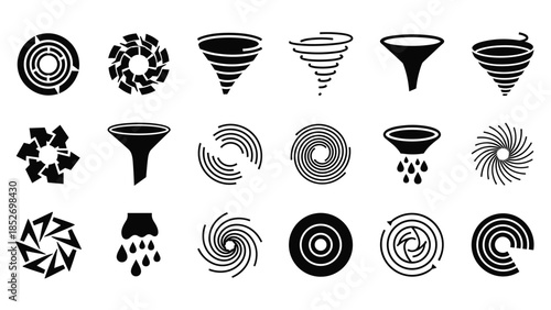 A diverse collection of black abstract icons representing funnels, spirals, and vortexes for data filtering and flow concepts.