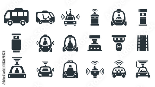 A collection of black icons representing autonomous and self-driving vehicles, including cars, taxis, buses, and sensor technology.