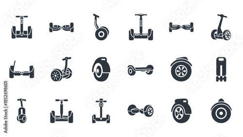 A diverse collection of black silhouette icons for self-balancing scooters, hoverboards, and other personal electric transporters.