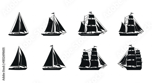 collection of black silhouette vector icons showing various sailing ships and sailboats