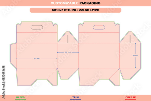 Polygonal side box dieline vector with handle and tuck end flaps engineered for gable style packaging folding layouts and professional template design