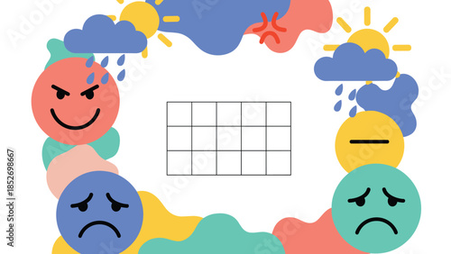 A mental health and mood tracking background with a blank grid planner, surrounded by various emoticons and weather icons. This design is perfect for wellness apps or psychology content.
