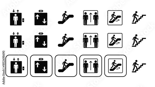 A comprehensive set of black public access icons including elevators, escalators, and stairs for navigation and wayfinding.