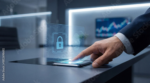 Businessman Using Fingerprint Identification for Secure Financial Data Access