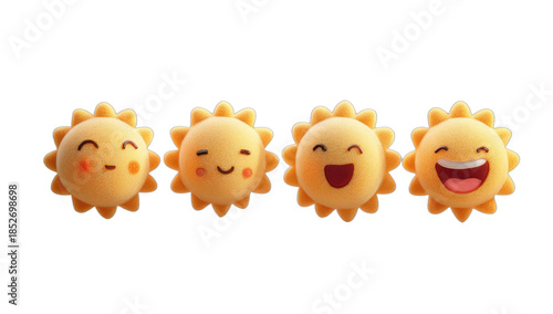 Four cheerful, round, cartoon suns with happy facial expressions