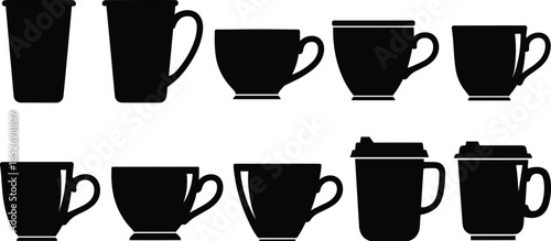 Set of coffee and tea cup silhouettes vector collection isolated on white background for cafe beverage branding design use