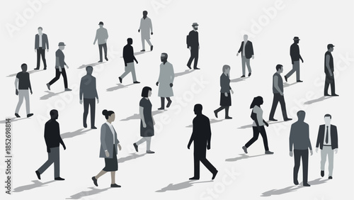 A diverse group of people walking and interacting in a modern, minimalist illustration, representing society and human movement.