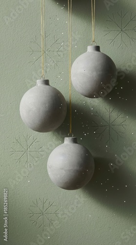 Three Hanging Ornaments on Green Background with Snowflakes