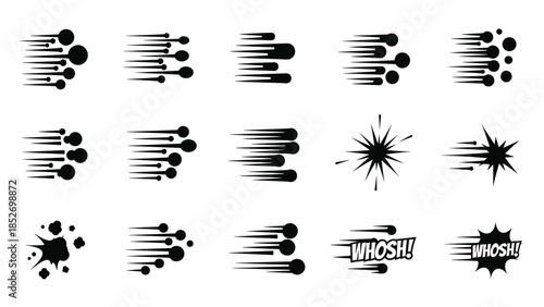 A set of dynamic black icons representing speed and motion, featuring comic book style lines, bursts, and 'WHOOSH!' text.