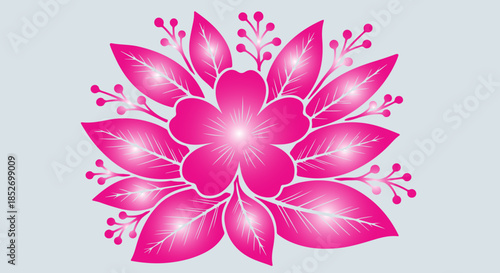 Striking vibrant pink floral graphic design element with stylized glossy leaves and buds