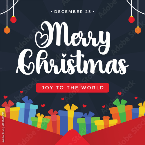 Merry Christmas greeting design on dark background featuring decoration lamps and colorful gift boxes inside a red envelope suitable for seasonal events, holiday promos, and social media posts.